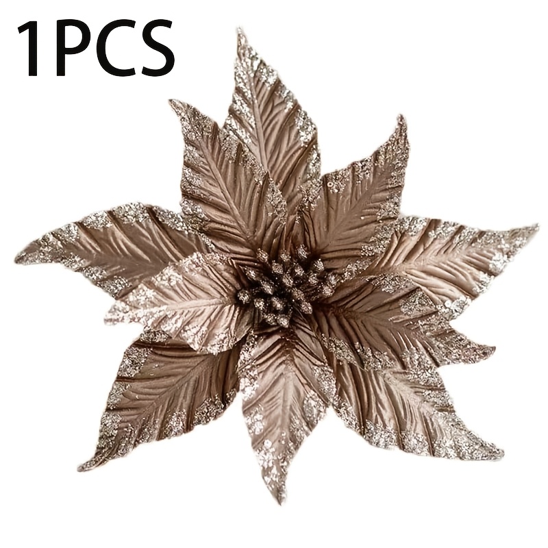 TEMU 1pc Artificial Christmas Poinsettia Decoration Glitter Flower Christmas Tree Ornaments Wreath Garland Flower With Stem For Festival Xmas Wedding