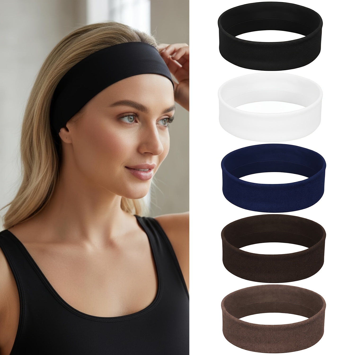  set aus 5 lässigen und bequemen sport-stirnbändern für damen und herren, hergestellt aus weichem, elastischem, dünnem stoff, entwickelt, um rutschfest und schweißabsorbierend zu  ,   für tägliche outdoor-workouts, laufen, yoga und die persönliche pflege.