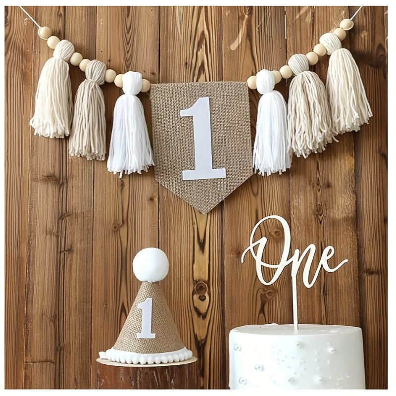 

3pcs Boho Chic Handmade Tassel Garland, Birthday Cone Hat & Cake Topper Set - Perfect For Party Decorations, Cake Smash Props & Hair Accessories