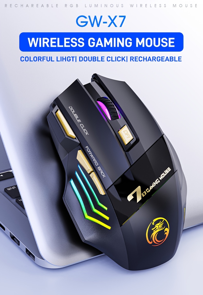 USB Wiederaufladbare Maus mit 7 Tasten, 2.4G Leiser Betrieb, 7-Farben Atmungsaktive LED, Kabellose Gaming Maus, Ergonomisches Design mit RGB Hintergrundbeleuchtung, Geeignet für Laptops