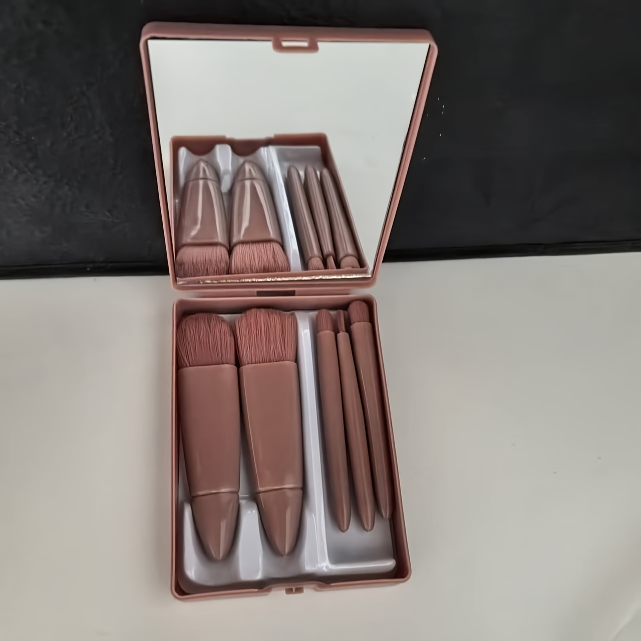 Travel-friendly 5pcs Portable Mini Makeup Brush Set With Mirror And Case - Soft Fiber Hair For Powder And Eyeshadow, Tools