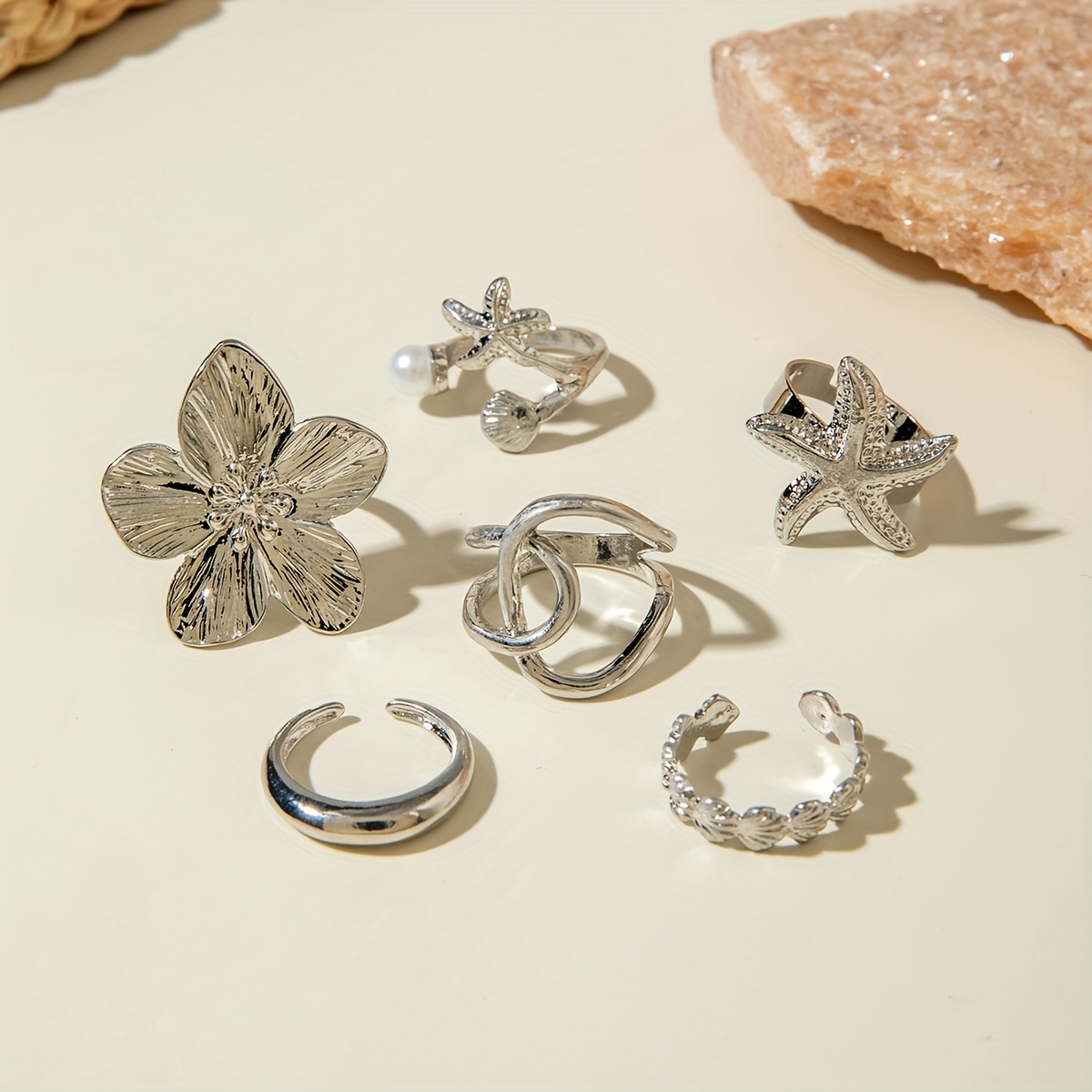 6pcs Boho Starfish Scallop Bead Rhinestone Ring Set