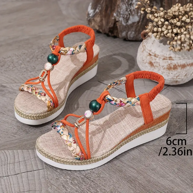 zm bohemian style thick sole heightening elegant and comfortable classic lightweight breathable casual braided elastic wedge sandals Product details 3