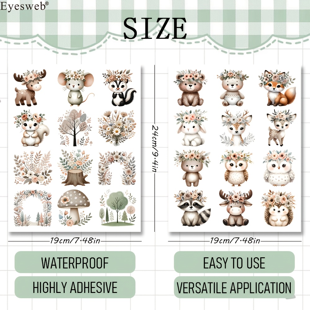 Image of Waterproof Dtf Transfer, 2 Sheets 24 Patterns Cute Boho Forest Animal Rub On Transfer With No White Border, High Adhesive Craft For Mugs, Cups, Phone Cases, Candles, Glass, Ceramics, Wood