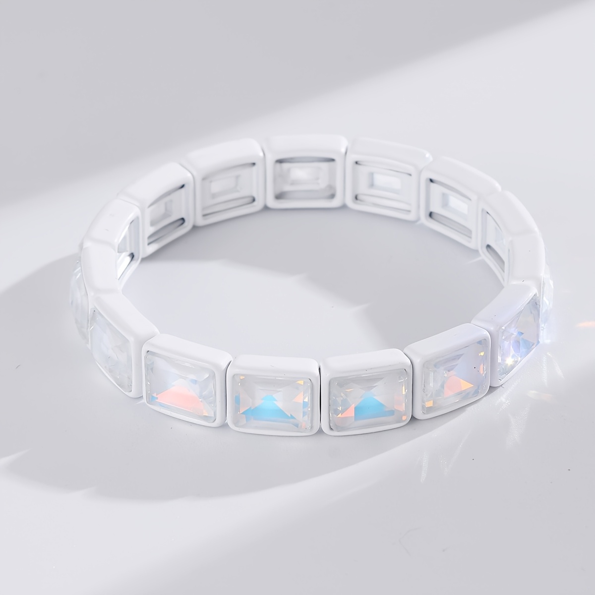 Image of Macaron-colored Enamel Bracelet With Bling Squares & Elastic Cuffs - Non-metal Suitable For Weddings, Parties, Daily Wear - Gift For Couples, , Teachers, Moms - Elegant