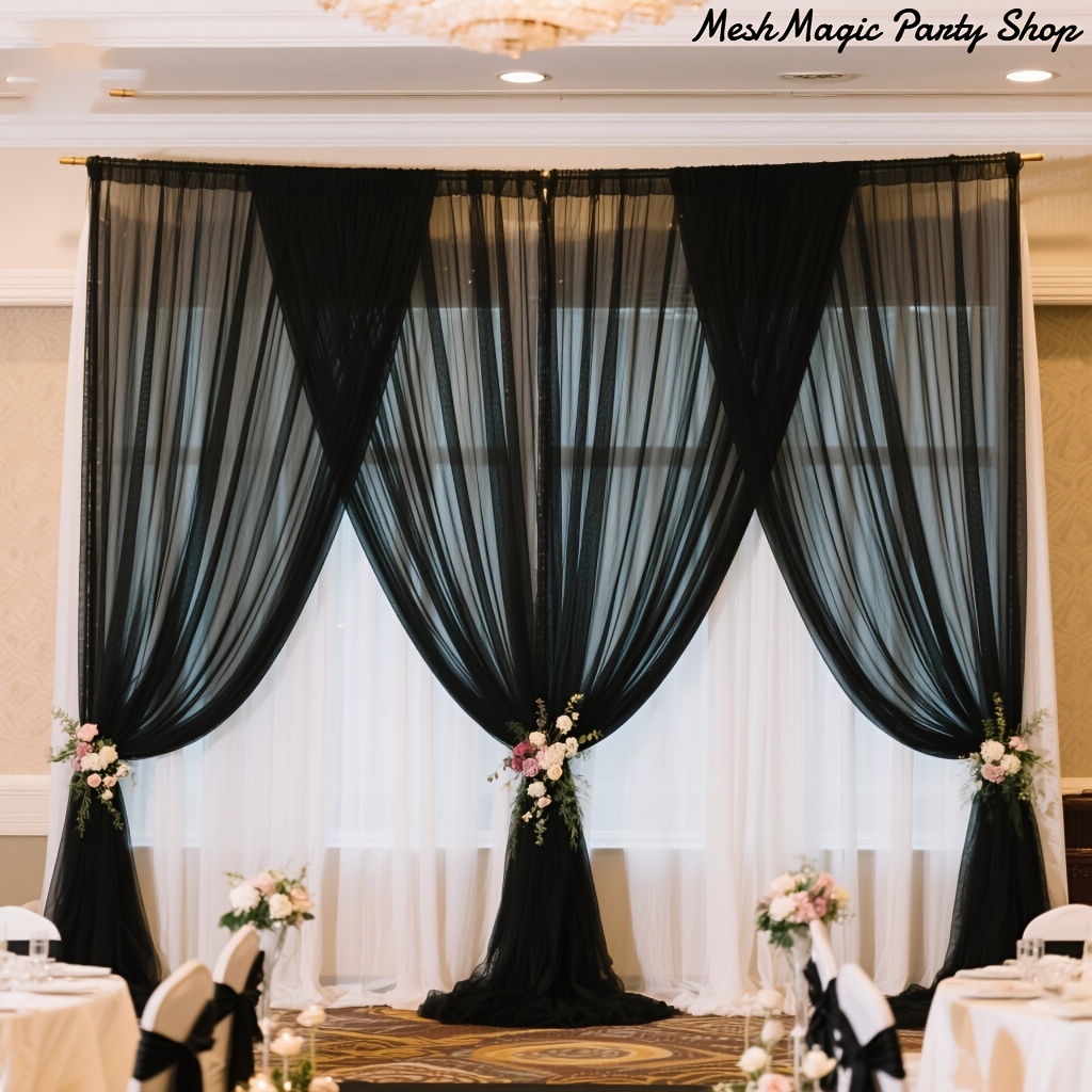 TEMU 4pcs 4pcs Pack Black Sheer Curtains Suitable For Wedding Backdrops, Photo Booth Panels, Rod Pocket Window Drapes With Semi-sheer Chiffon Fabric