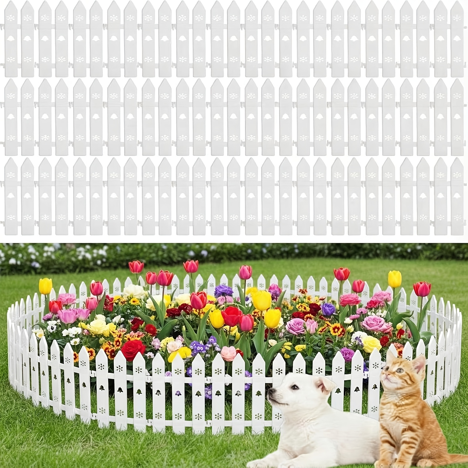 TEMU 【2d Flat】 [2d Flat] 20pcs White Garden Fence Edging, 14ft Total Plastic Picket Fence Border For Flower Beds, Decorative Lawn Edging Landscape