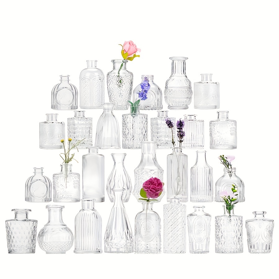 

10/20/25/30pcs Vintage Embossed Clear Glass Vase Set, Pedestal Shape, No Electricity Or Battery Needed, Ideal For Wedding, Home, Dining Table, Party Decorations