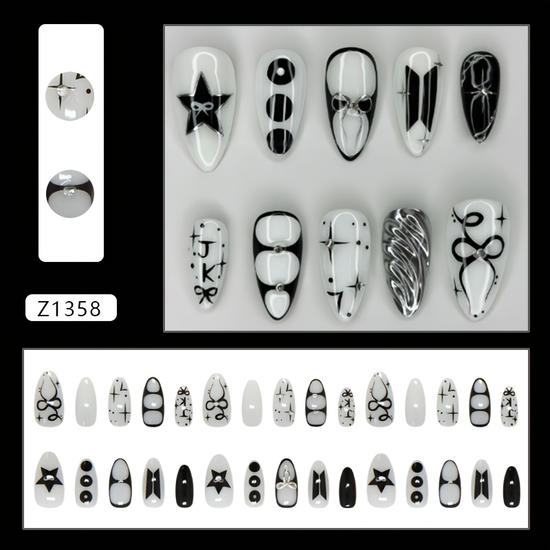 TEMU Faux ongles press-on amovibles pour mains et pieds - longueur moyenne à pois noirs scintillants, d'étoile et nœud métallique avec application de