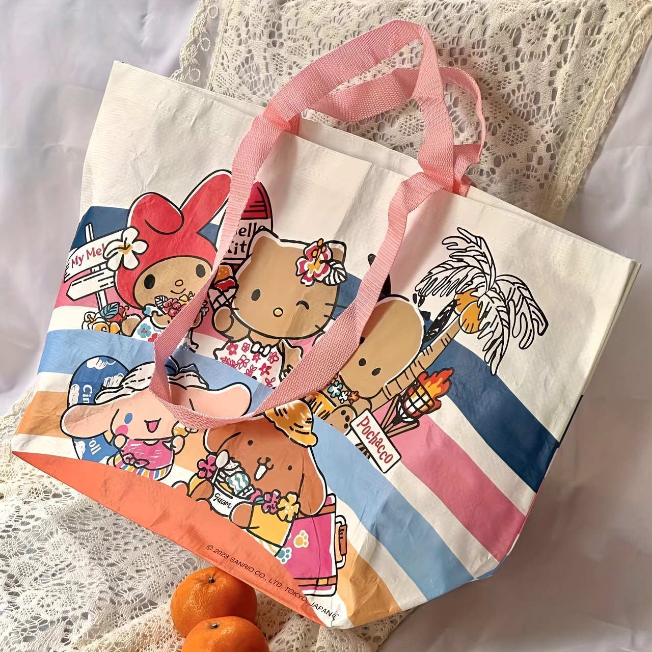 

Kawaii Cute Tote Bag, Large Capacity Shoulder Bag, Cartoon Hello Kitty Handbag For Travel Beach Shopping