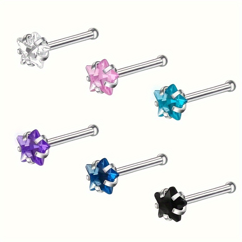 E-shop 6er-Set Nasenstifte für Damen aus Edelstahl, 3 mm, transparent, rosa, lila, blau, schwarz, Stern Nasenpiercing Schmuckset