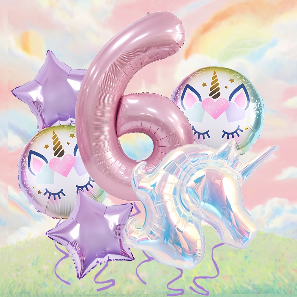 6pcs Unicorn Star Round Element Pink Number 1~9 Balloon Set Suitable For Unicorn Theme, Birthday Party, Party, Arrangement Decoration, Shower, Decorative Supplies