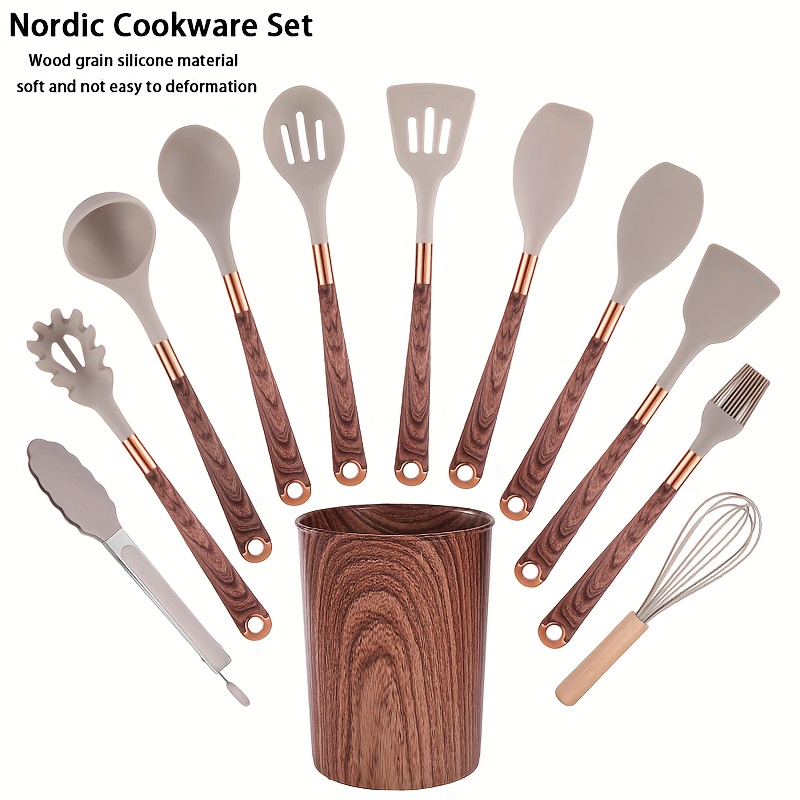 

Silicone Wood Grain Cookware Set Non Stick Pot Spoon Shovel Set Proof Gold Plated Wood Grain Handle Cooking Utensils