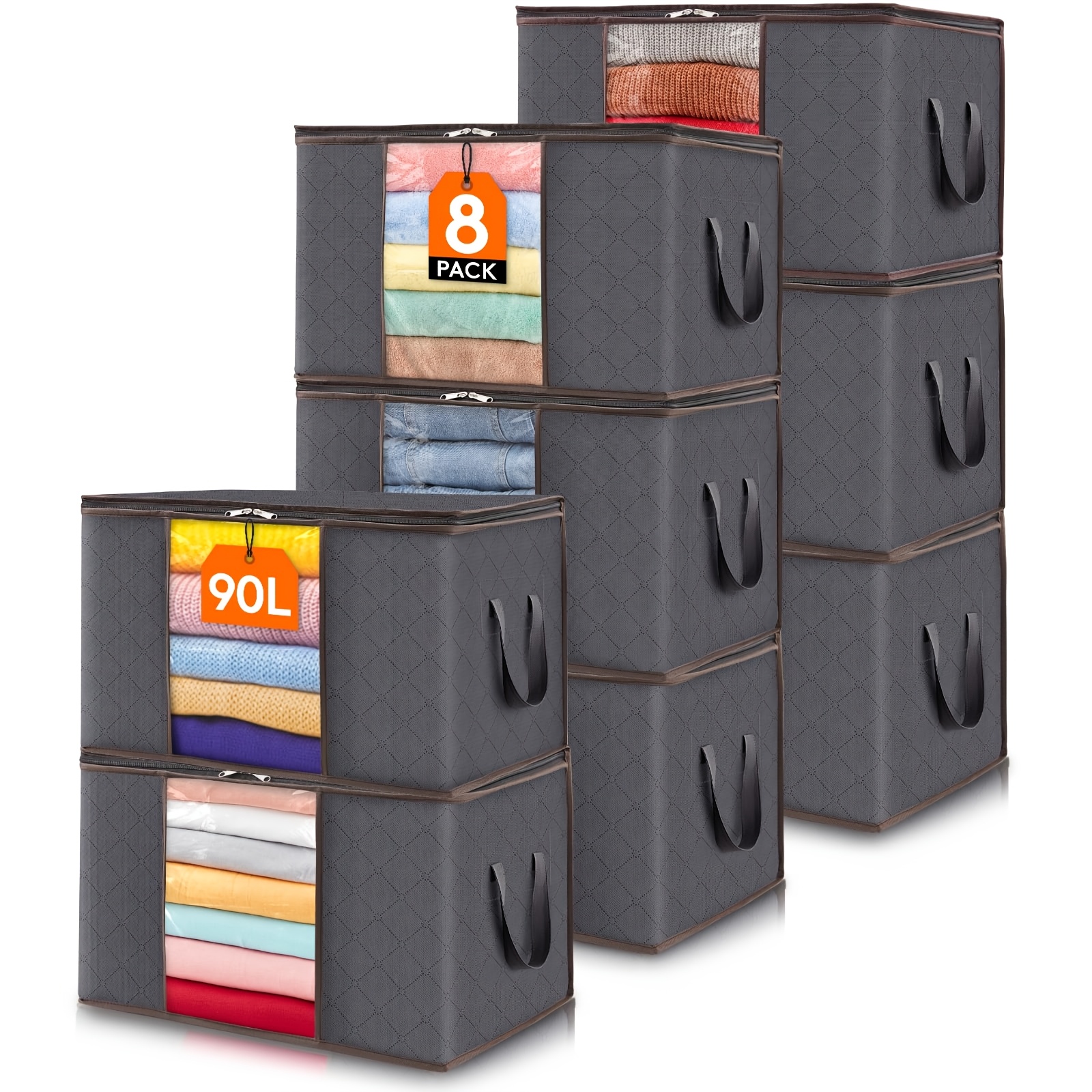 E-shop 8/10 Stück 90L Aufbewahrungstasche, Aufbewahrungsbox mit Deckel, Kleiderschrank-Organizer, faltbare Kleideraufbewahrung, Umzugskartons mit