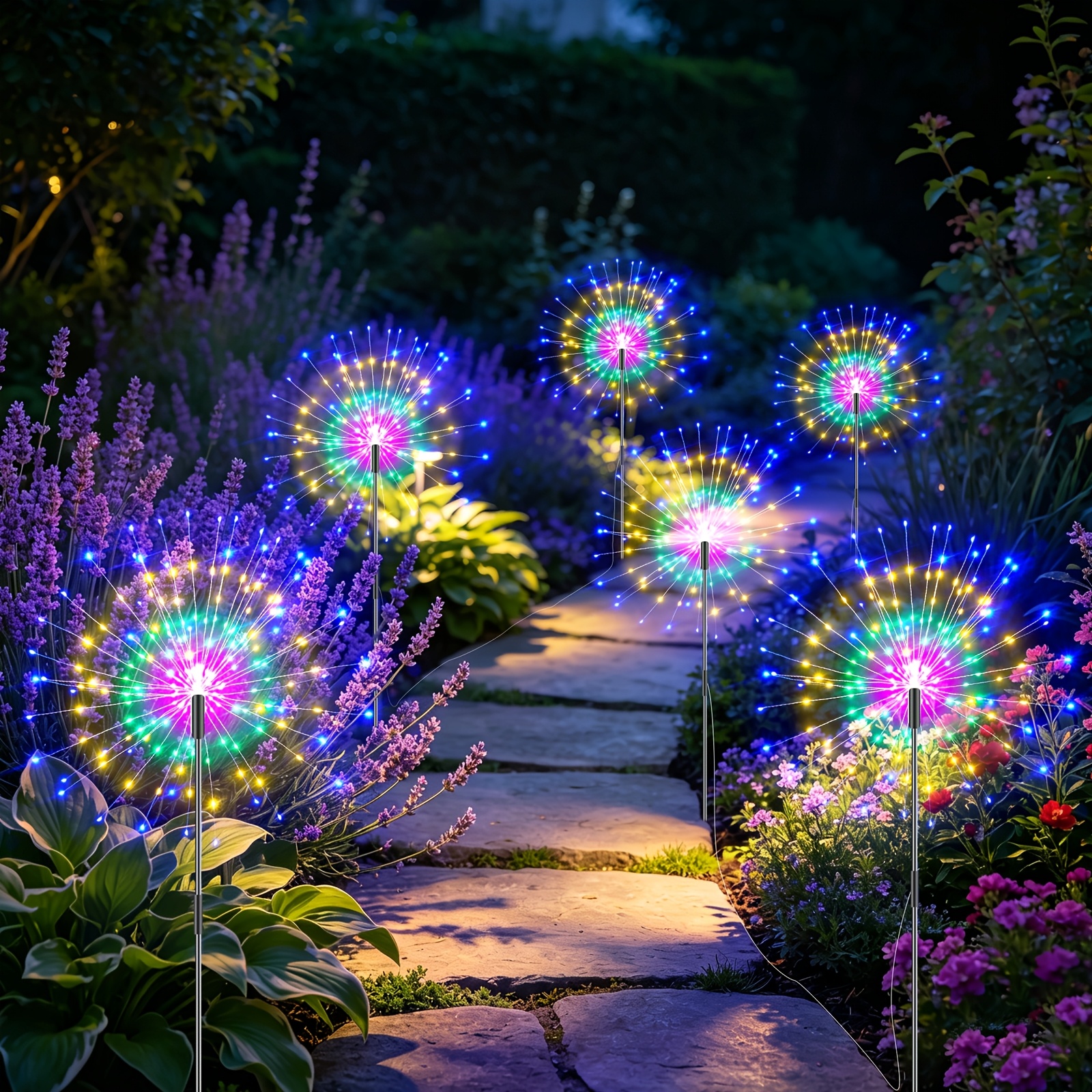 TEMU 6pcs Solar-powered Outdoor Fireworks Lights With Remote Control & Infrared, 8 Lighting & 4 Brightness Levels, Firework Light Set Suitable For