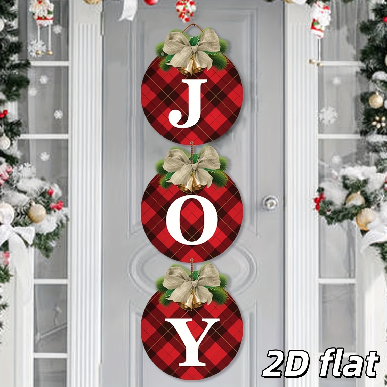 품목 사진 2d 평면 2개/3개, 앞문용 버팔로 격자무늬 크리스마스 리스 - 소박한 크리스마스 장식 joy 표지판, 휴일 크리스마스 차고 문 벽 장식용 실내외, 2d 평면