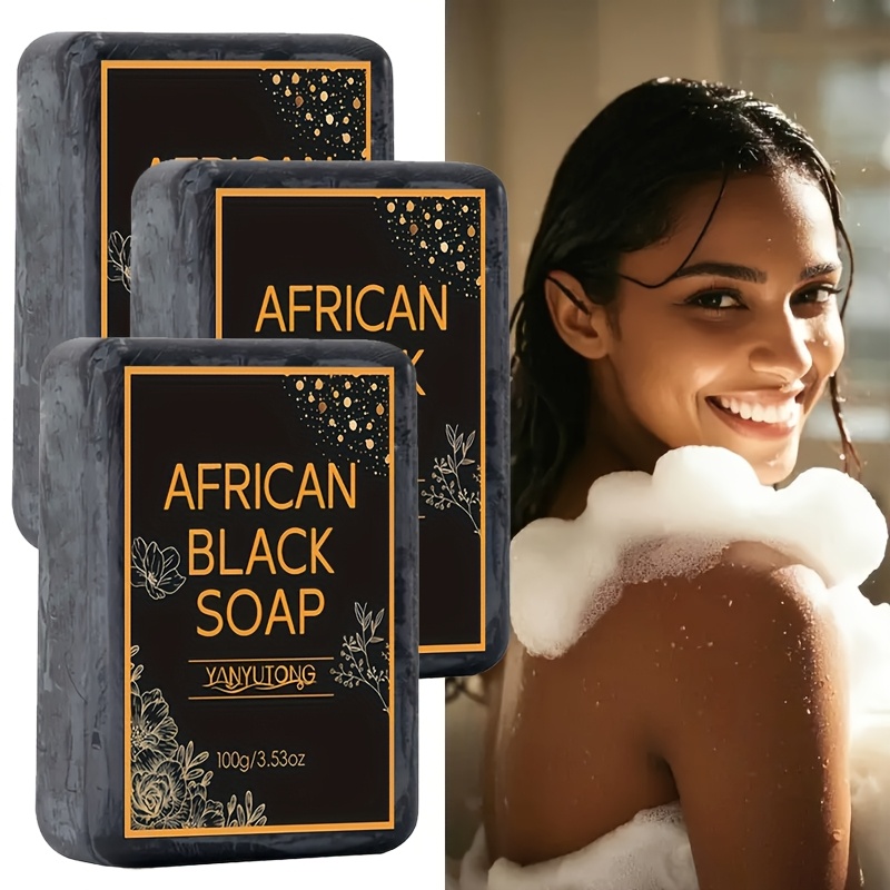 TEMU 3pcs Of 100g African Black Soap With Shea Butter - Moisturizing, Deep Cleansing, , Alcohol Free, Coconut Oil, Suitable For Types, Suitable For Face And Body