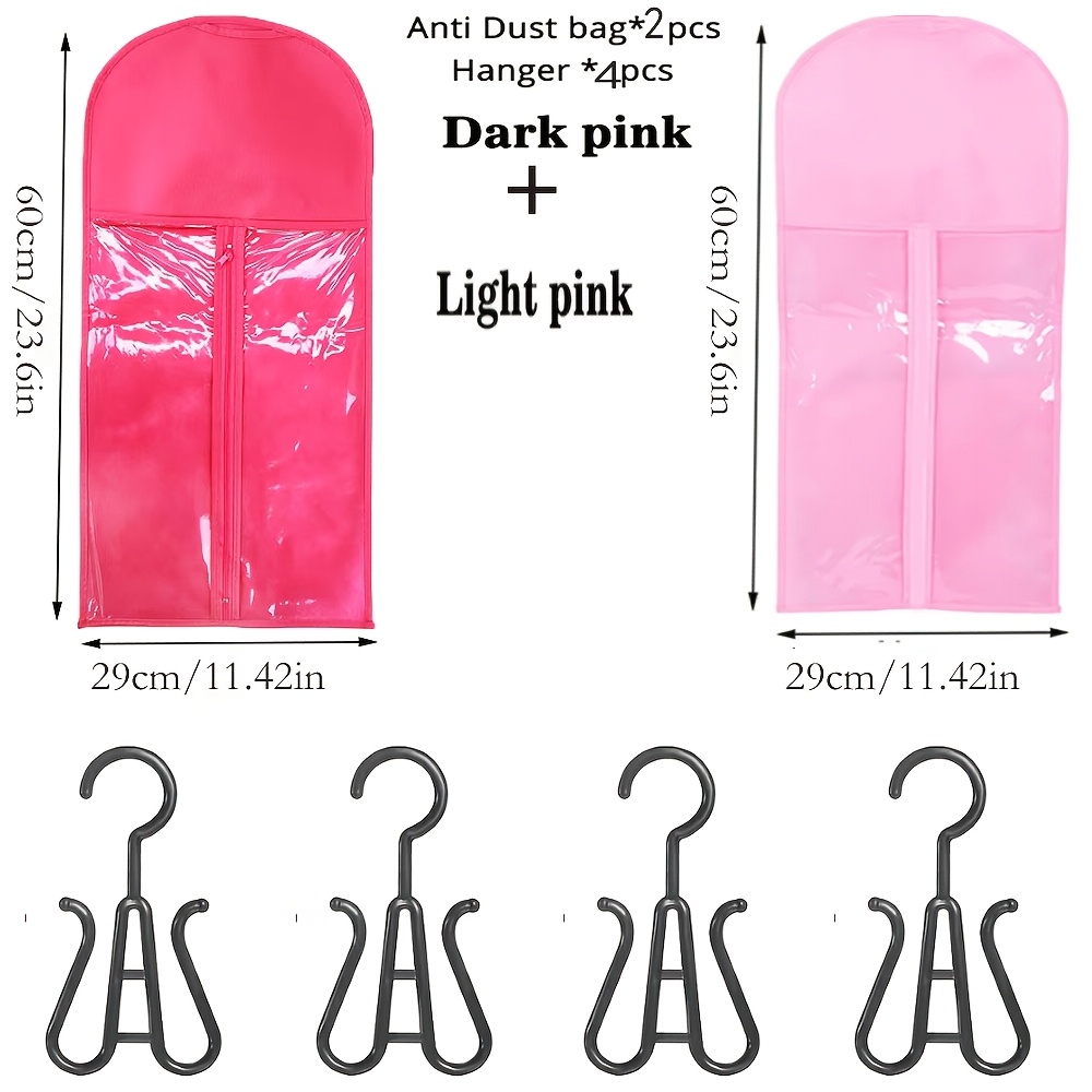 E-shop 6-teiliges Perückenaufbewahrungset, inklusive zwei 60 cm Aufbewahrungstaschen und vier Haken, Pinke und Rosarote Kombination, Tragbare Perücken