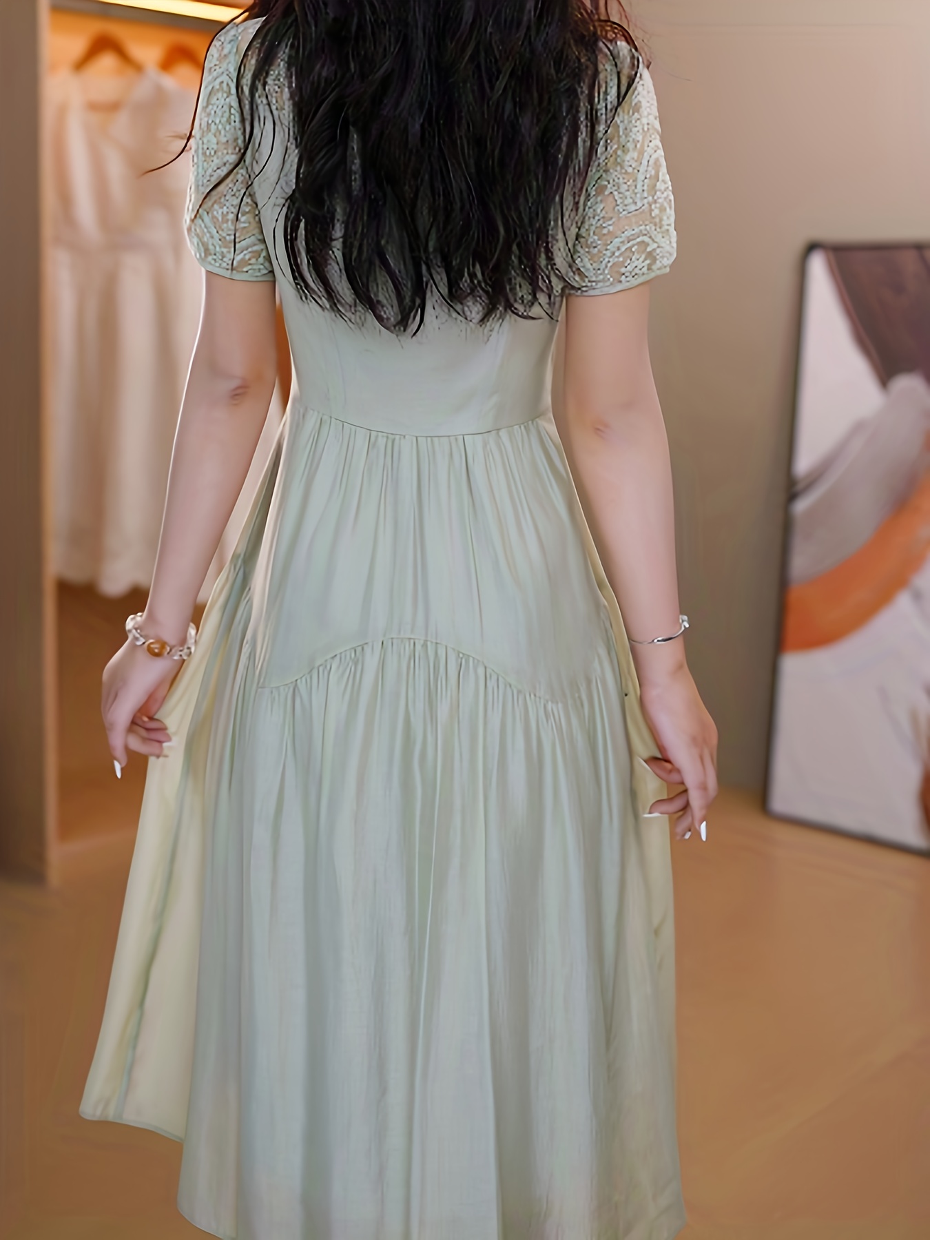 french style mint green line dress short sleeve lace trim - Temu Mauritius