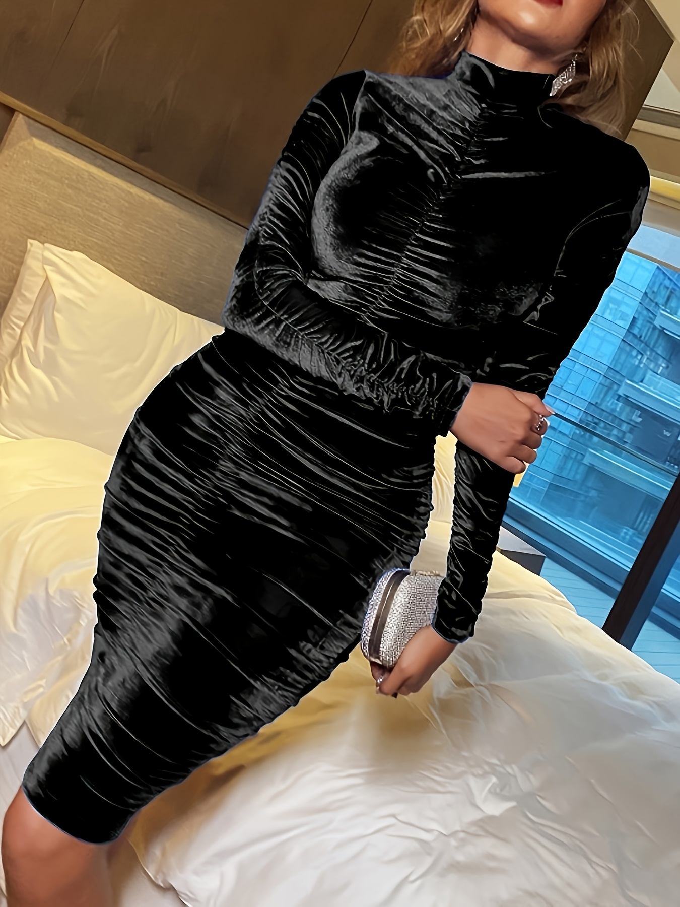 solid velvet turtleneck ruched bodycon hip hugging dress - Temu Qatar