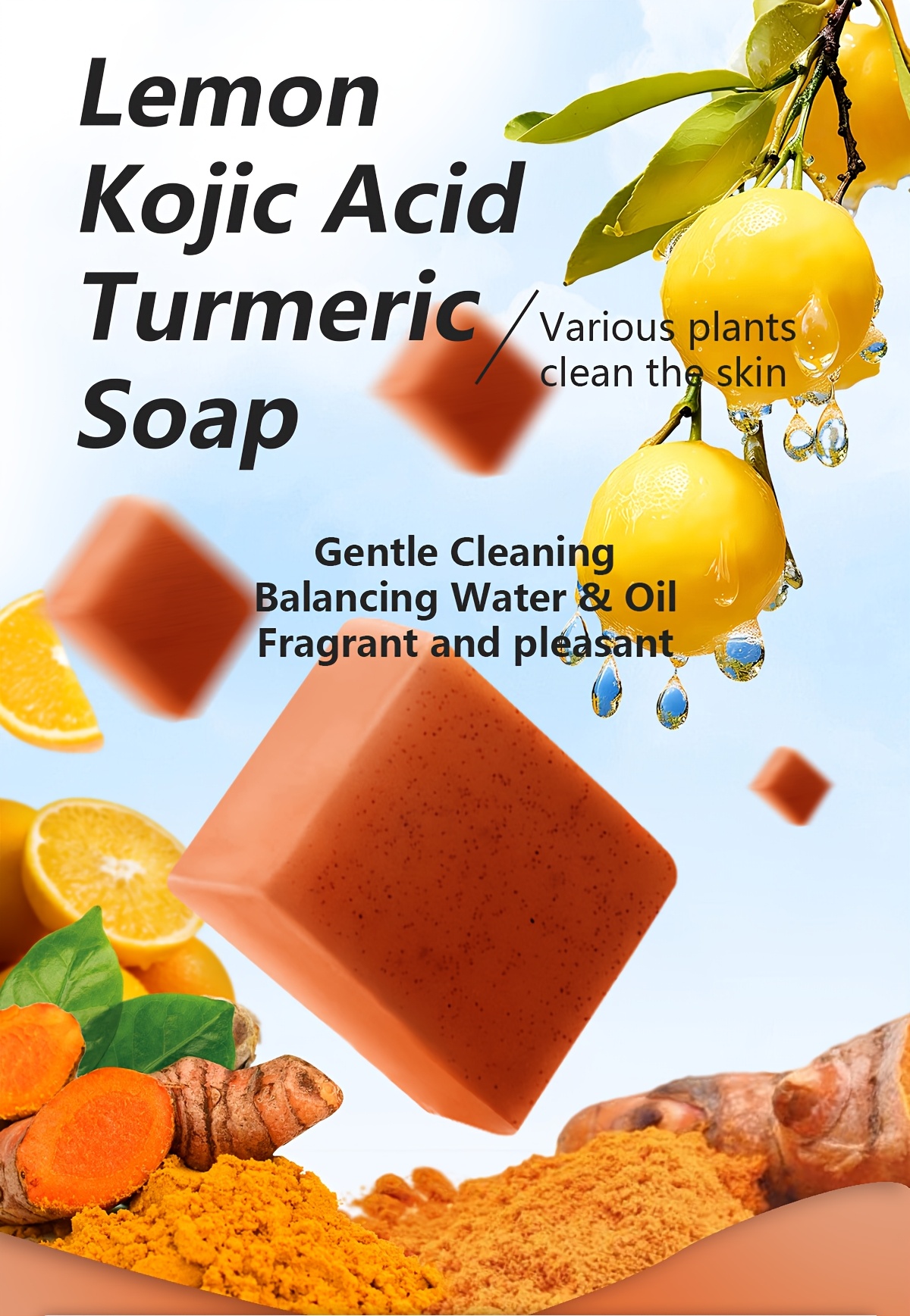8*Bar Lemon Turmeric Kojic Acid Soap, Body Deep Clean, Moisturizing, Refreshing, Oil Controlling Shower Soap, Turmeric Clean Stain, Lemon Clean, Kojic Acid for Light Beige Care, Travel, Household Items, Christmas Gifts-3.81 Oz*8 Bar