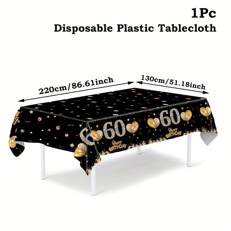 Image of 1pc, 60 Years Old Birthday Disposable Pe Tablecloth, 220 X 130cm, Black Pattern Birthday Tablecover, Happy Birthday Party Decoration, Adult Birthday Party Table Decor, Anniversary Party Tablecovers