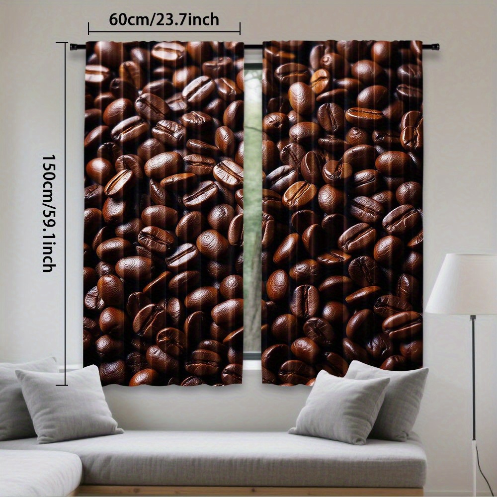 TEMU 2pcs Art Deco Coffee Bean Curtains - Texture Print, Rod , 100% Polyester Semi-translucent Fabric, Machine Washable For Bedroom, Living Room &