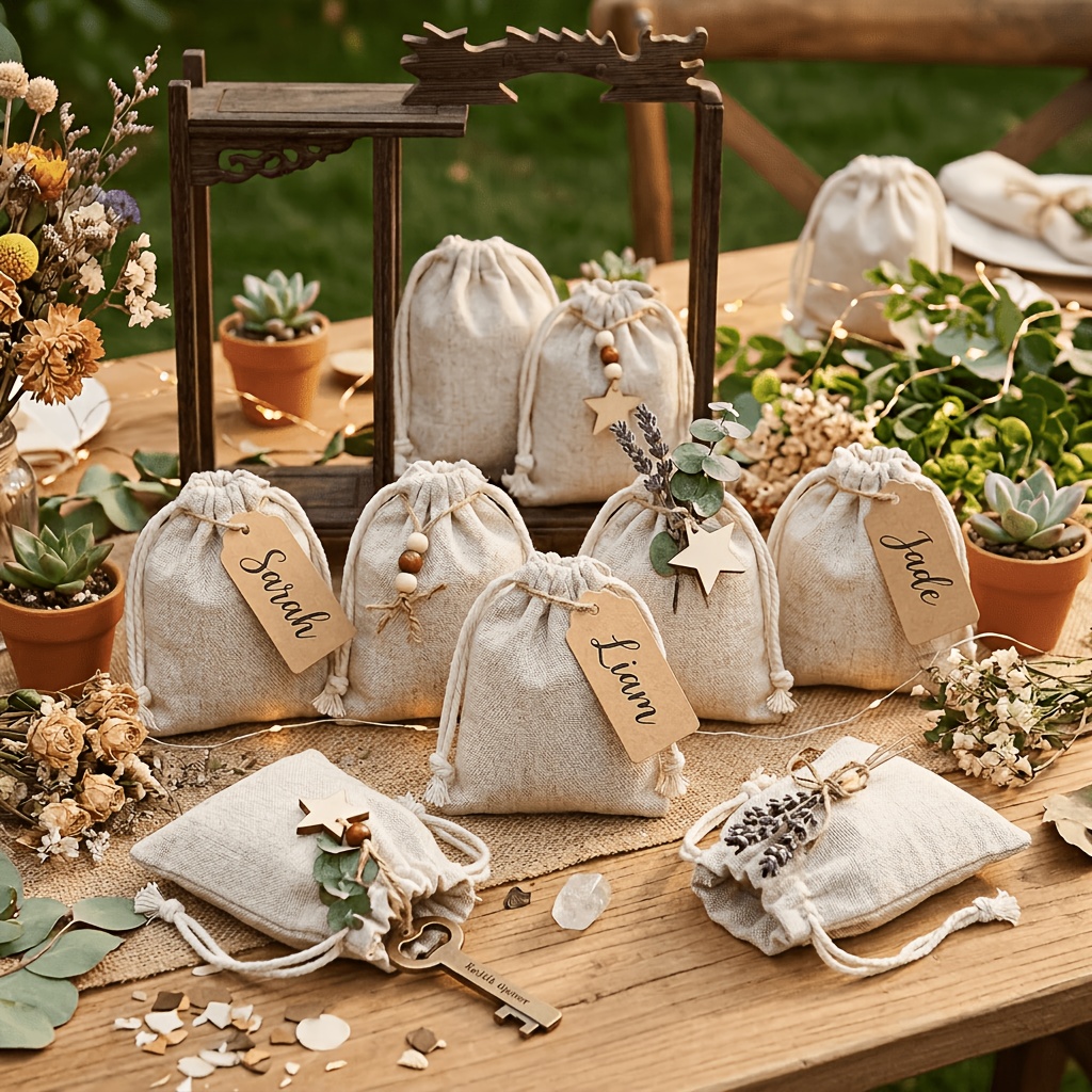 24pcs Beige Fabric Drawstring Pouch Set, Gift Bags