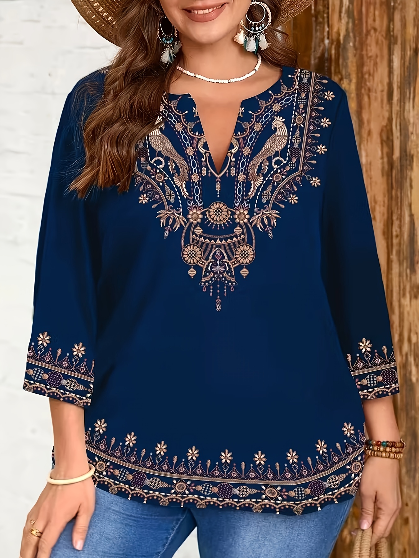 Women's Blouse, Casual Vacation Top, Notched Collar Three-quarter Sleeve Simple Women's Shirt, Suitable for Spring and Autumn, Leisurely Elegant Women's Clothing, Beautiful Women's Blouse, Ideal for Casual Outings, Commuting, and Holiday Wear