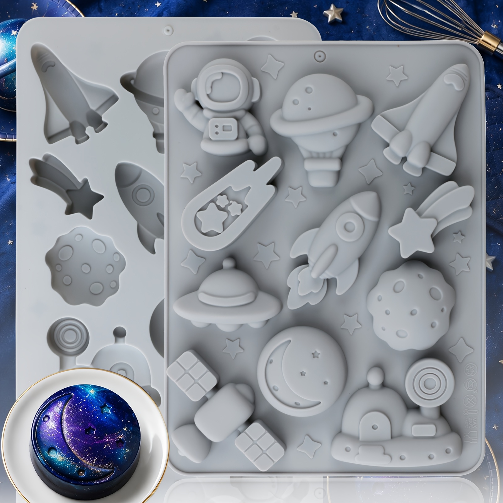 TEMU 2pack Outer Space Astronaut Rocket Planet Silicone Mold, Space Themed Baking Mold For Chocolate, Mousse Cake, Pudding, Jelly, Ice Cubes, Gummy