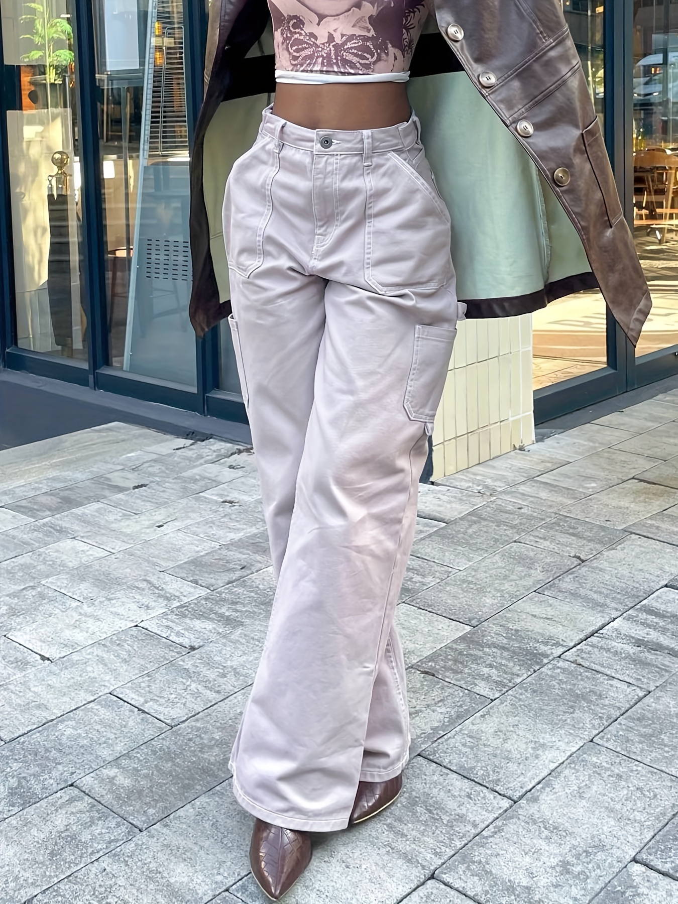 Calças jeans brancas de cintura alta cintura alta pernas - Temu Portugal