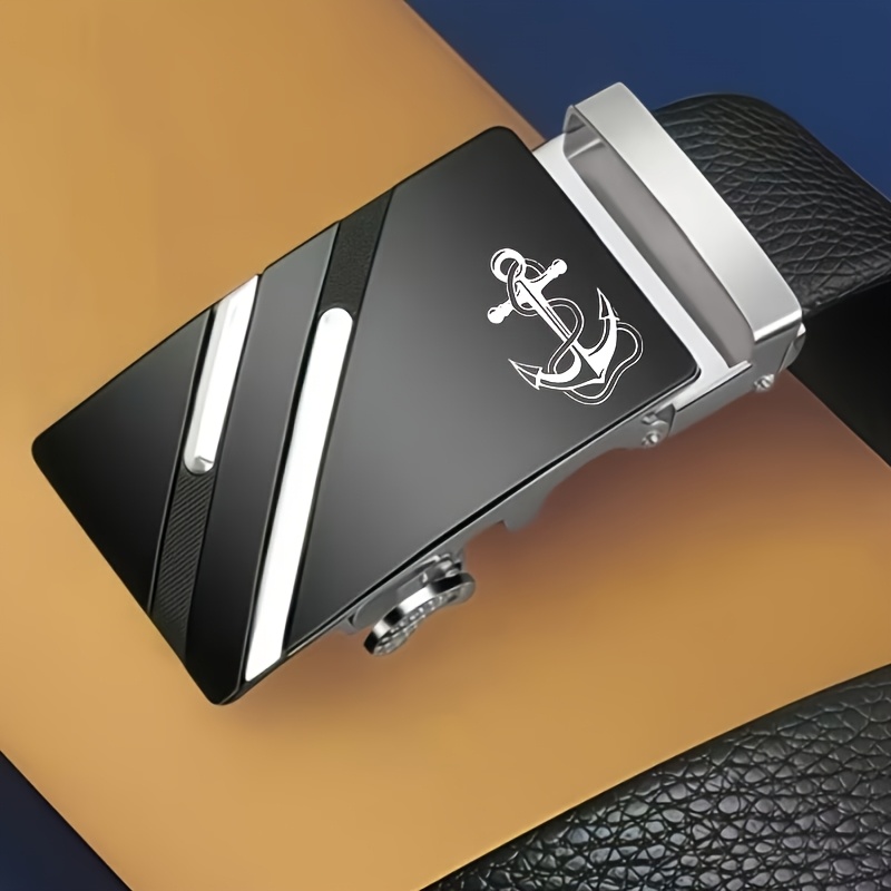 TEMU Men' Belt With Anchor Pattern, Black Automatic Ratchet Belt, Suitable For Formal And Casual Wear, Business Casual Belt, Versatile Style For Work