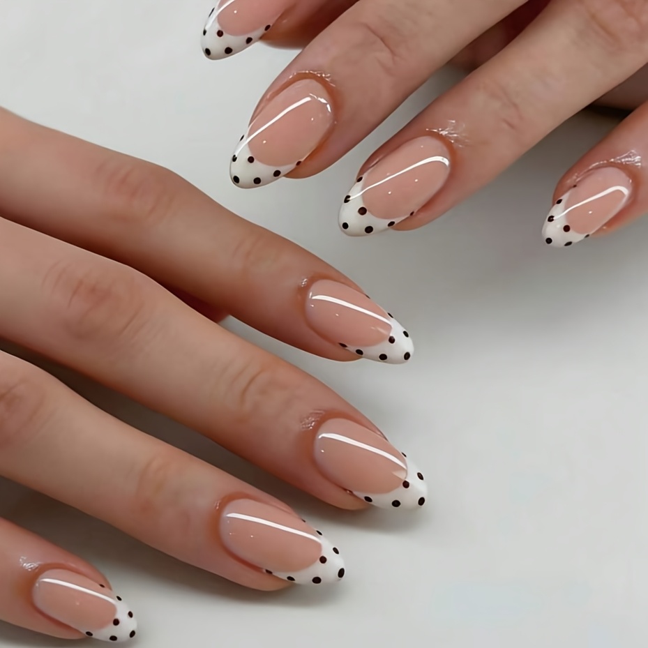TEMU 30pcs Medium Almond Press On Nails, Classic White Black Polka Dot French Fake Nails, Sheer Nude Base Glossy Minimalist Manicure Accessories,