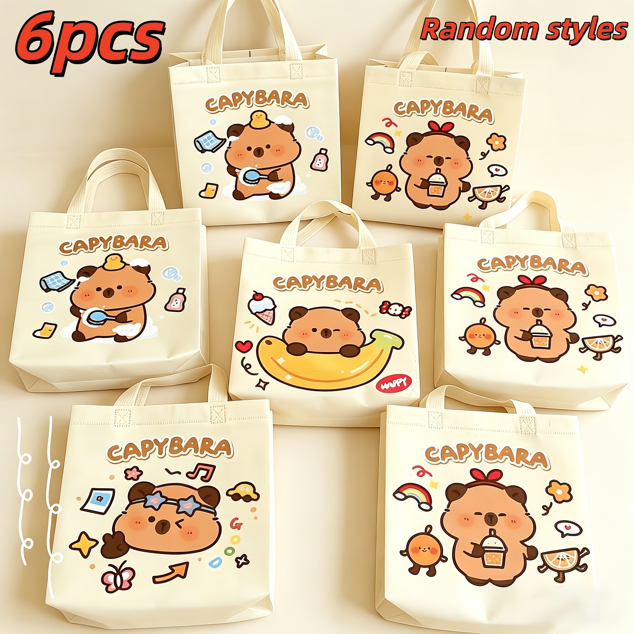 TEMU Gift For Her/him 6pcs Capybara Tote Bags, Cute And Stylish Non-woven Gift Bags, Durable With Strong Load-bearing Capacity And Large Size,