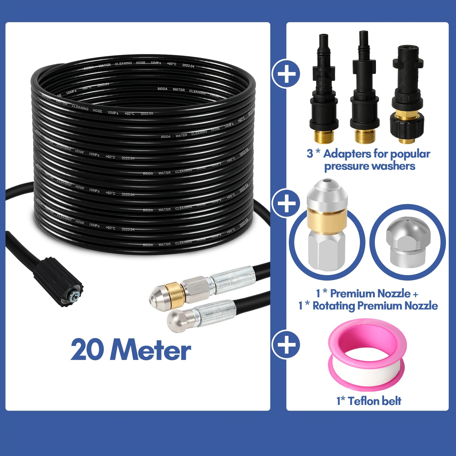 Hose Cleaning Set With Rotating + Rigid Nozzle, 3 Adapters, Suitable For Commercial High-pressure Cleaners, Hose Cleaning Set Universal