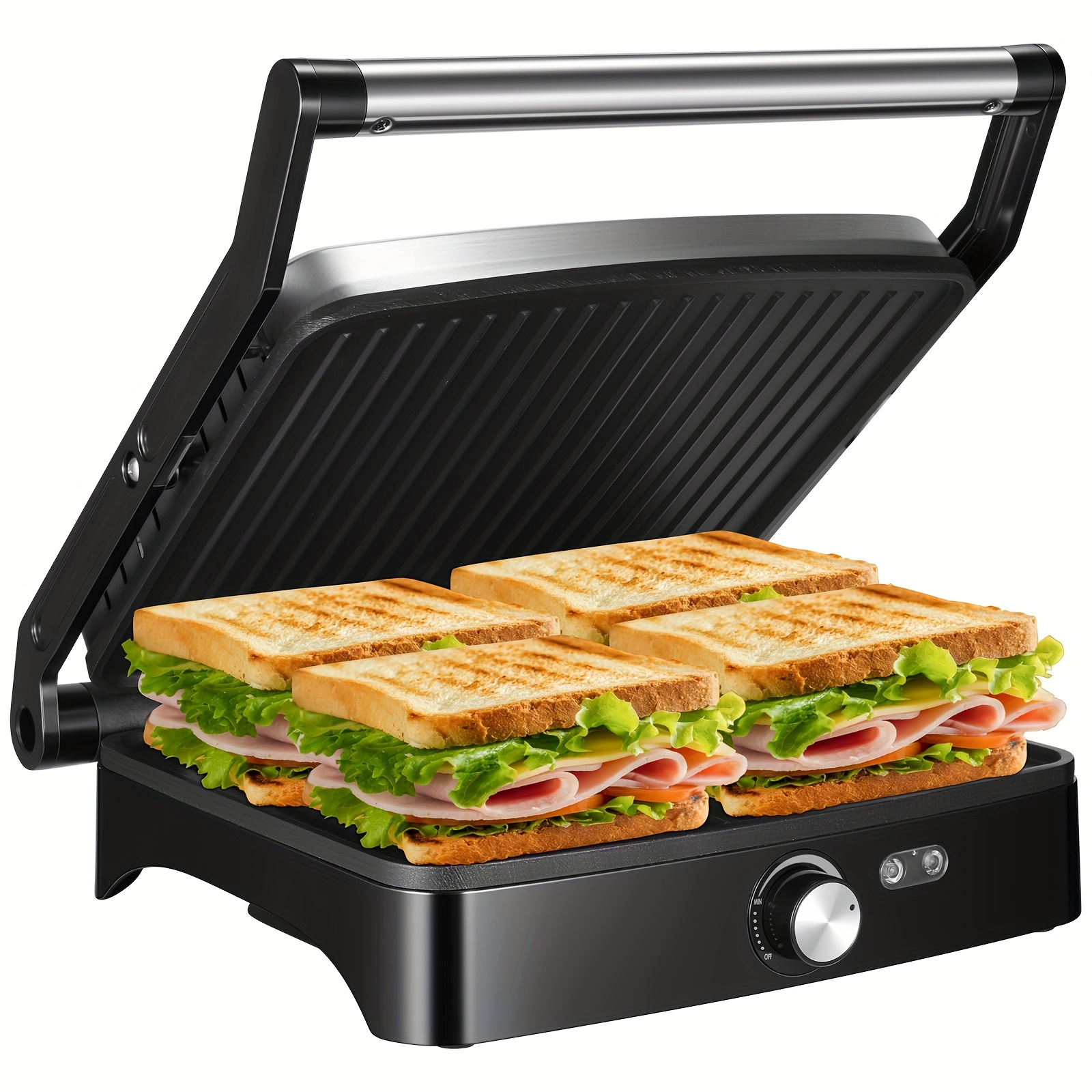 1200w And Sandwich Maker, Versatile Grill For 4 Slices With Adjustable Temperature, 180&deg; Opening For Bigger Items, Removable Drip Tray, Suitable For Indoor Use