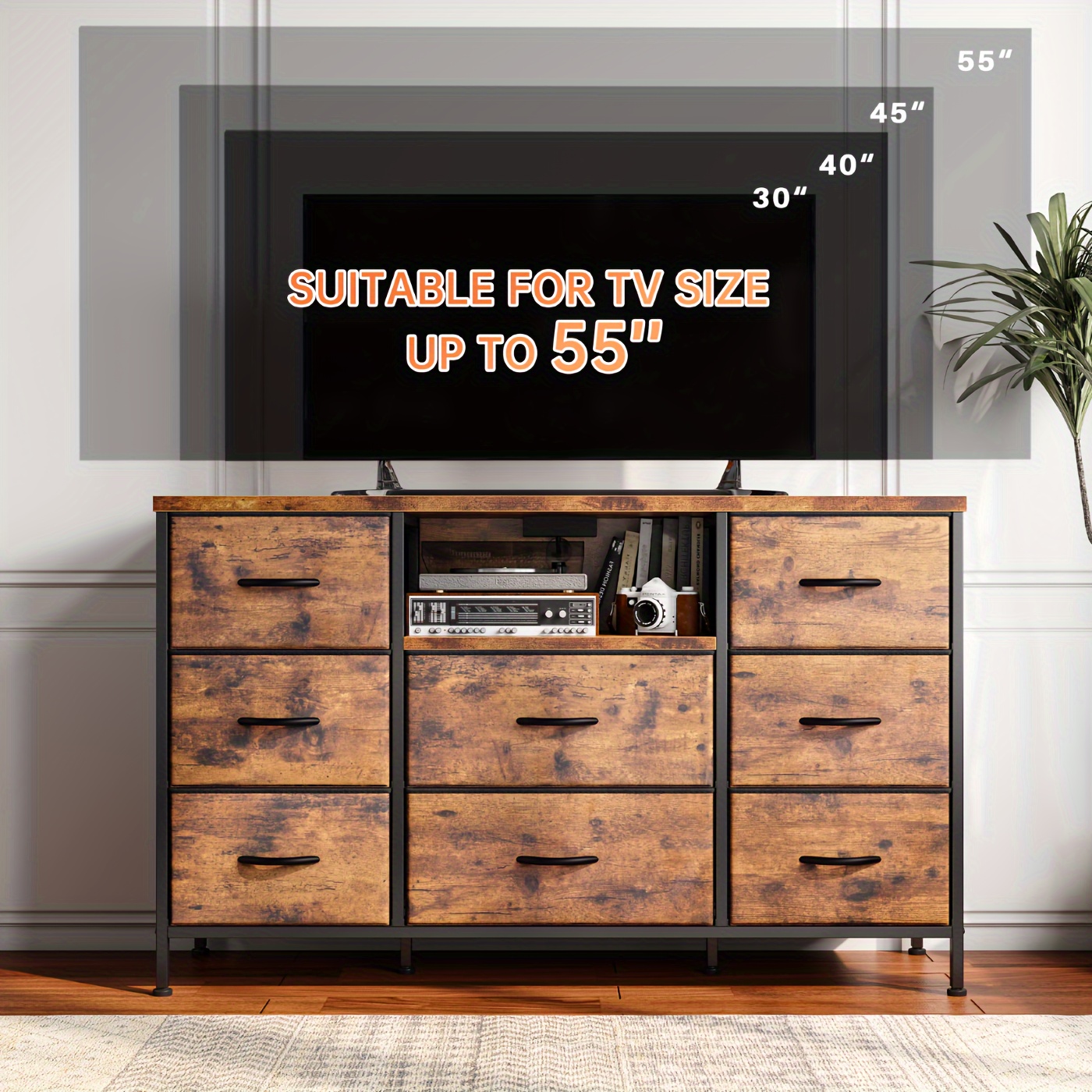 

Dresser Tv Stand With Power Outlet Entertainment Center With 8 Fabric Deep Drawers Media Console Table For 55" Tv Wide Storage Drawer Dresser For Bedroom, Living Room, Entryway, Rustic Brown