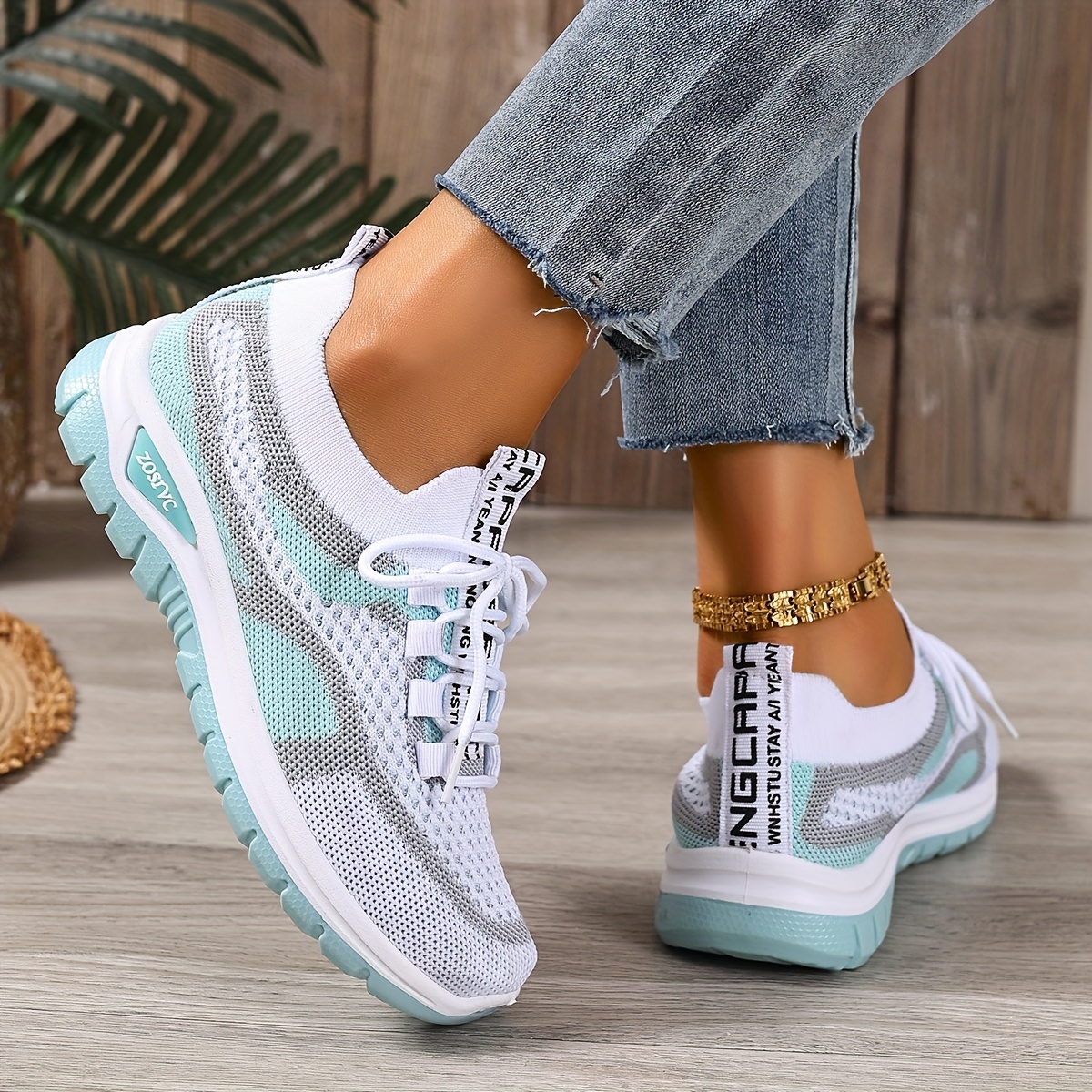 Tenis blancos ligeros y transpirables para mujer, cómodos, casuales, de caña baja con cordones, diseño de bloques de color, suela de goma flexible, ideales para viajes al aire libre y uso diario, para todas las estaciones