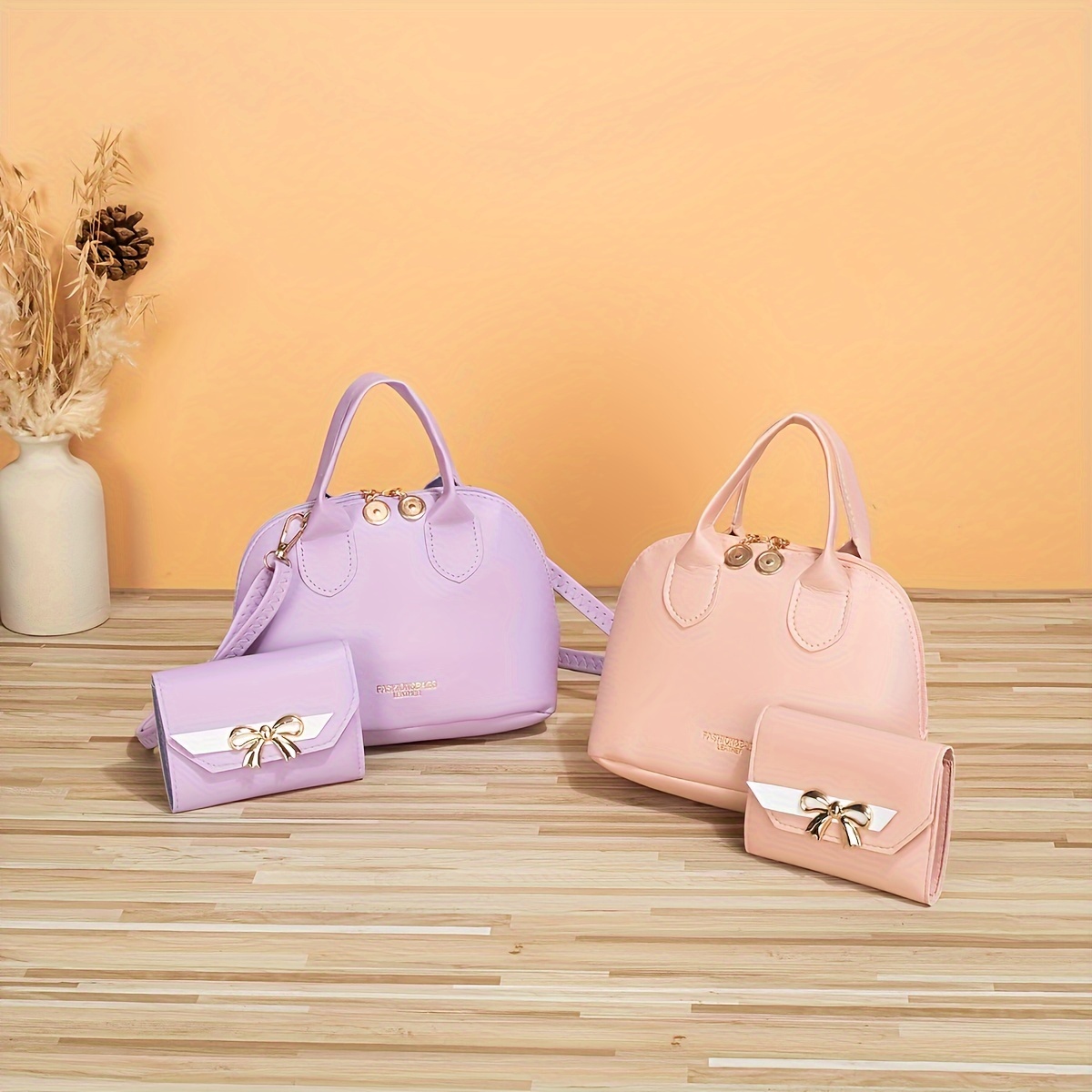 

Chic Mini Shell Crossbody Bag & Matching Purse Set For Girls - Adjustable Strap, Lightweight Leather In Cream/pink/black - Daily Use