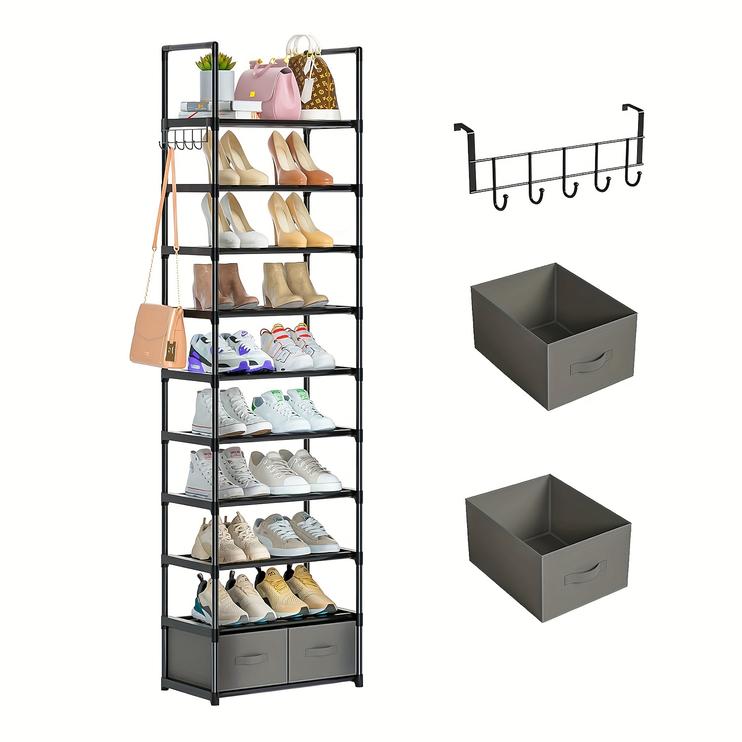 

Tall Shoe Rack Narrow 10 Tier Shoes Rack 20 25 Pairs, Shoe Storage Organizer For Closet, Sturdy Metal Shoe Shelf Shoe Stand With 2 Boxes 1 Hook