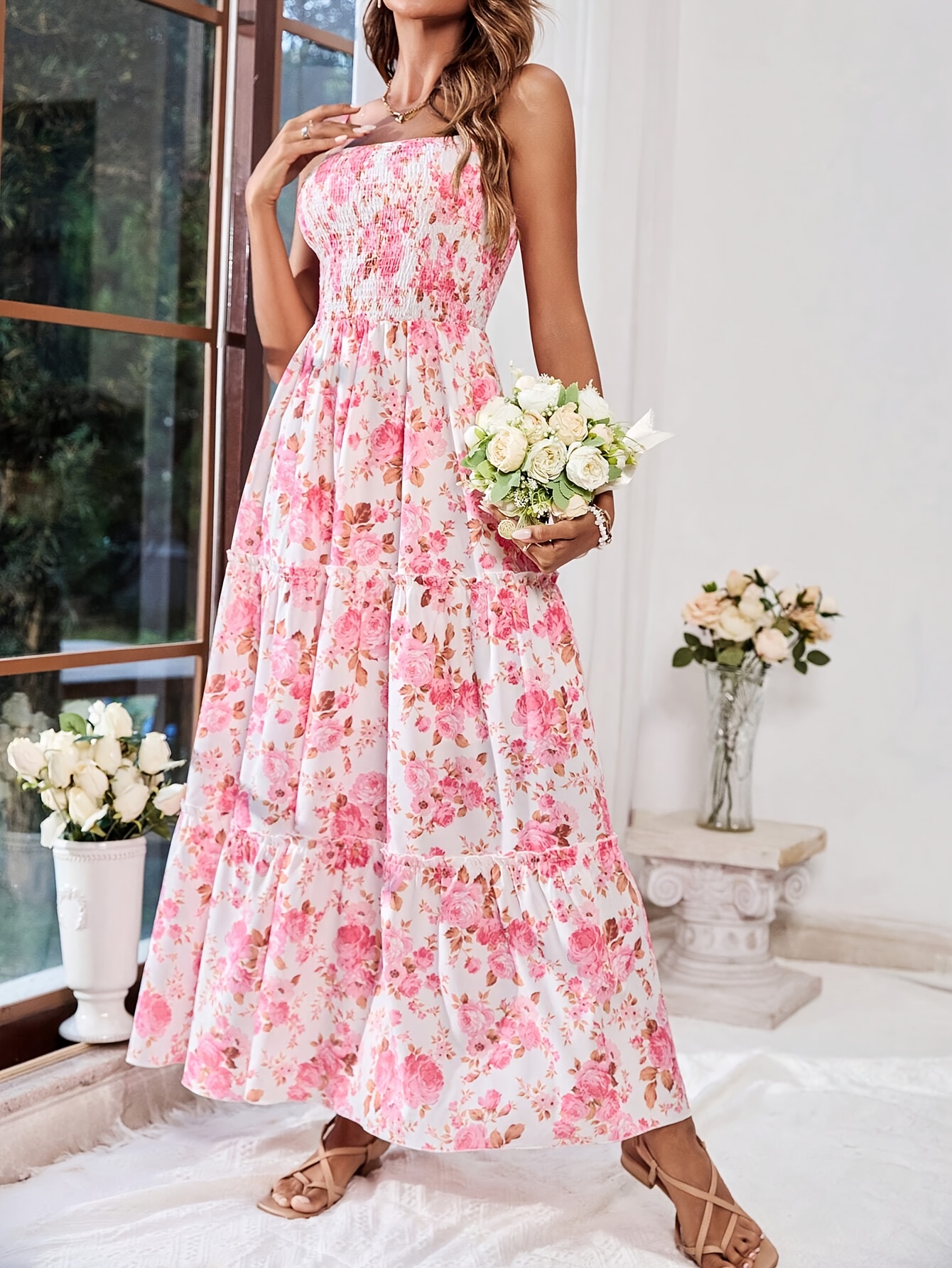 WOOSEN - Vestido Largo De Verano Con Cuello En V Y Cinturón