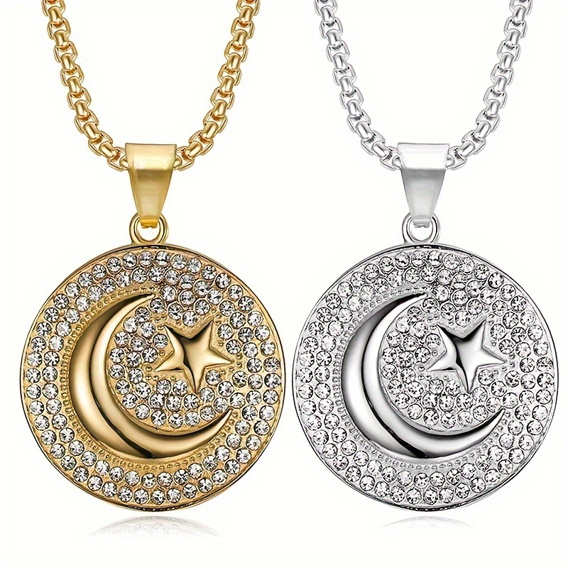 

1pc And Moon Pendant Necklace, Hip Hop Style, Rhinestone Studded, Alloy, , White K Plated, For Ramadan, Easter, 's Day - Unisex Fashion Jewelry