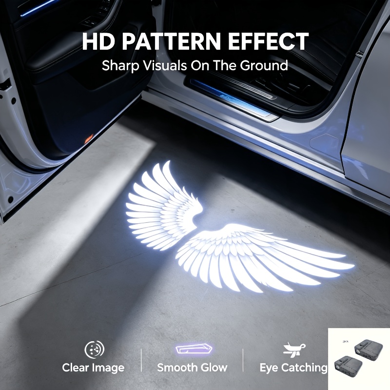 TEMU Wing-shaped Car Door Projection Lights, Wireless Led Welcome Ambient Lighting 2pcs Set, High-definition Projection Footwell Lights, Suitable For