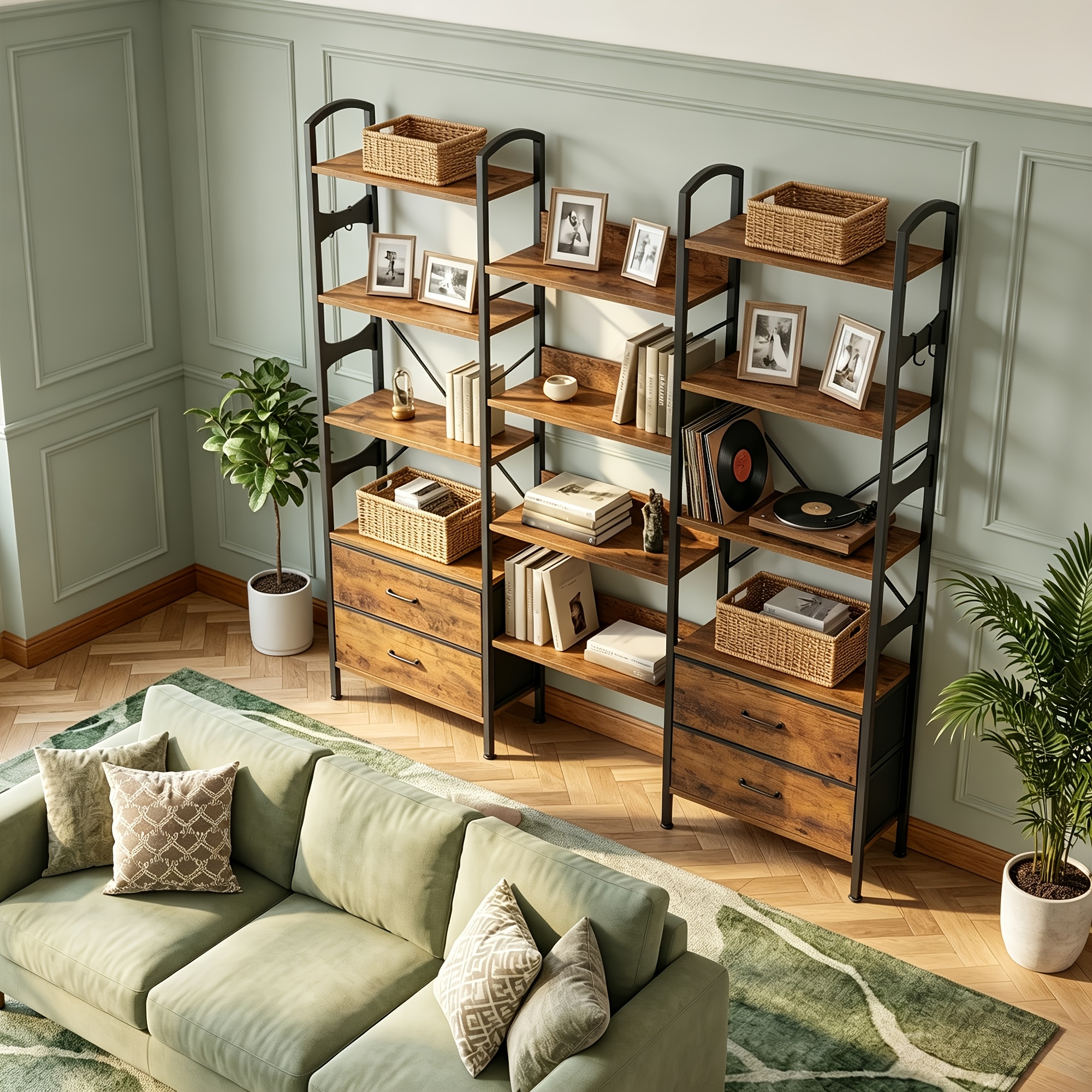 Large-capacity Bookshelf, Reinforced 12-layer Shelf With Anti-fall + Fabric Drawers, 100kg Load-bearing Capacity, Suitable For Home And Office Use.