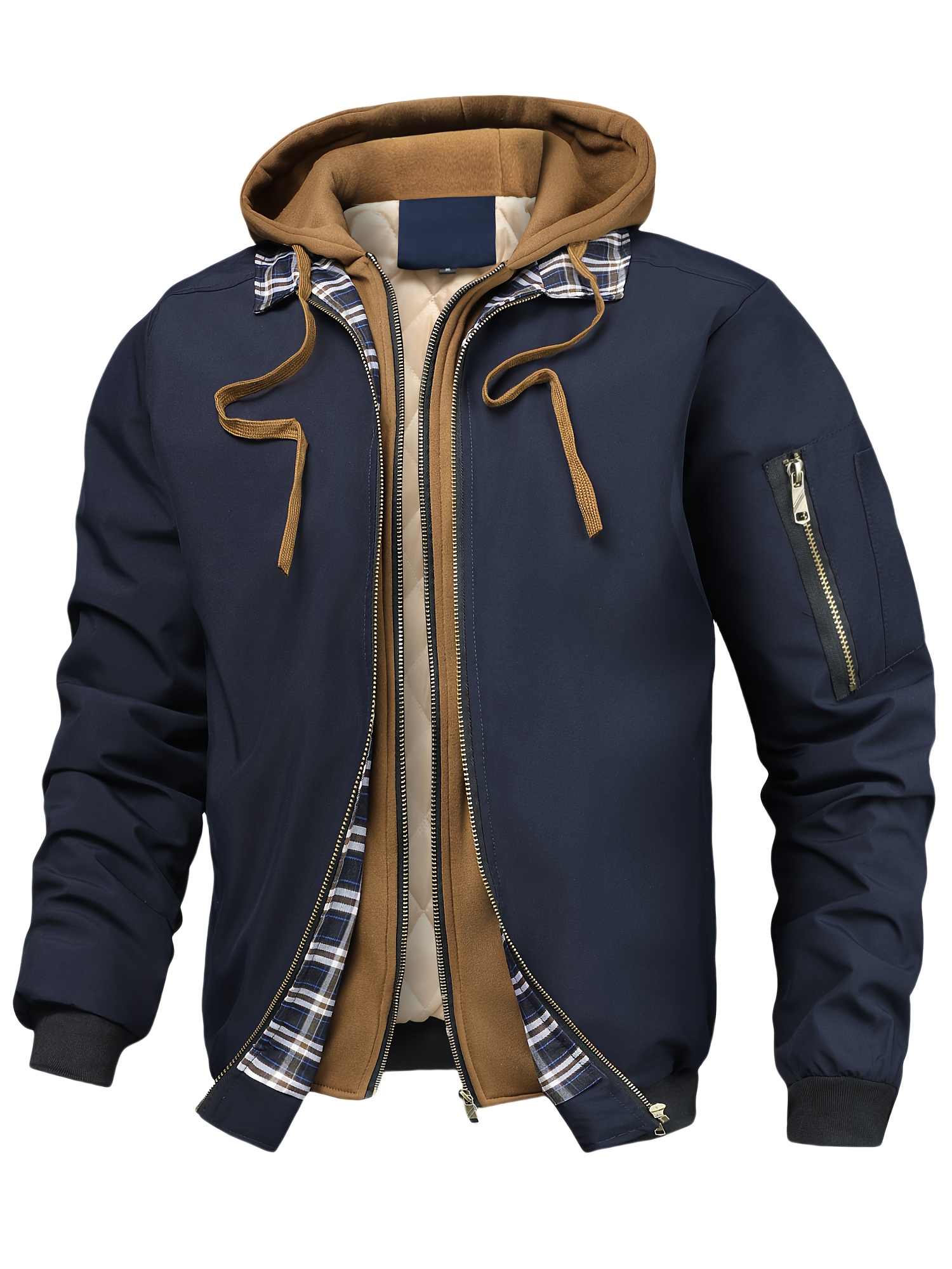 mens plaid hooded zip up jacket casual loose   black checkered pattern drawstring hood long sleeves polyester lining     winter autumn winter jacket plaid pattern jacket zippered jacket