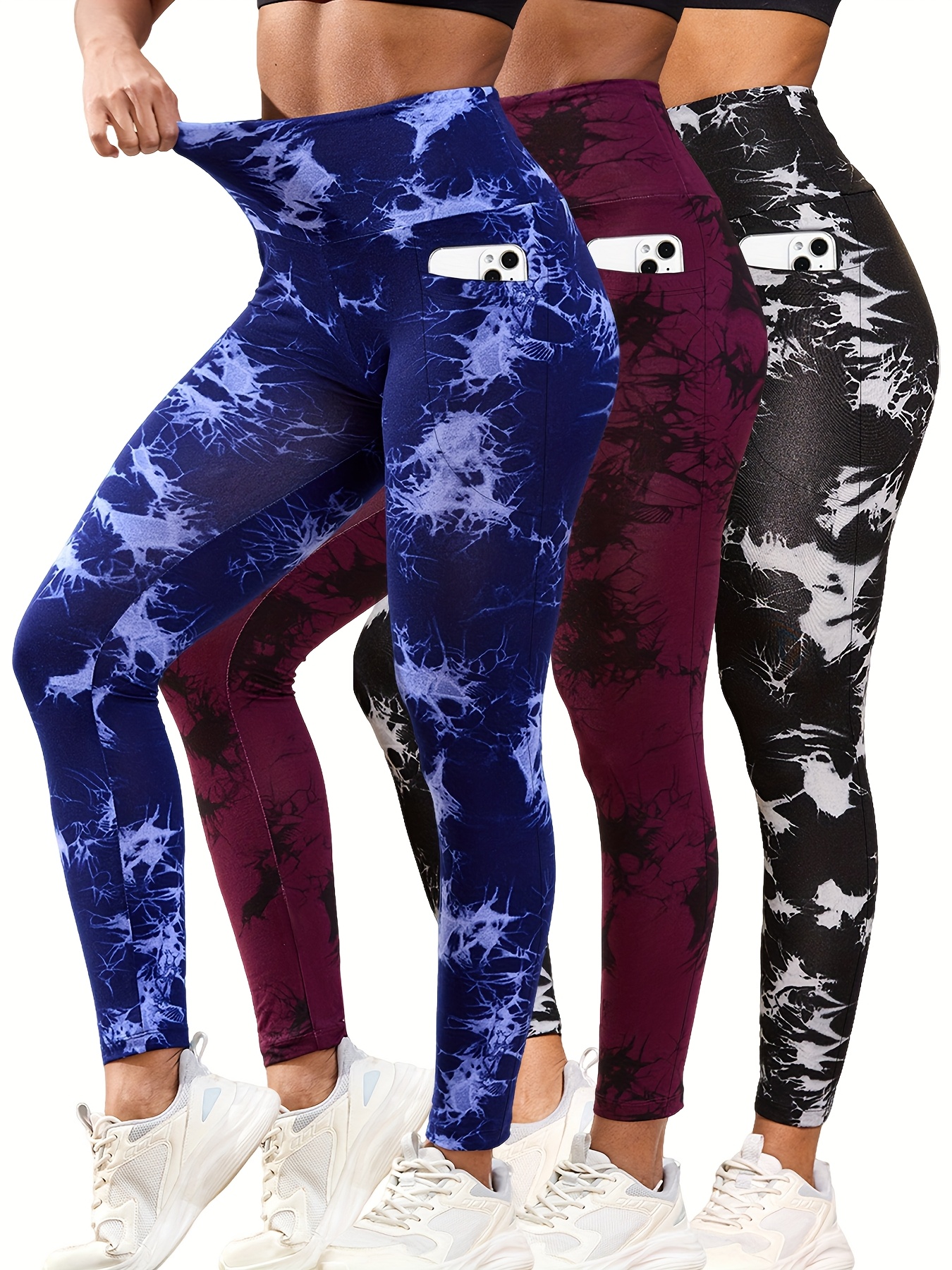 Set of Three High-Waisted Tie-Dye Leggings with Pockets