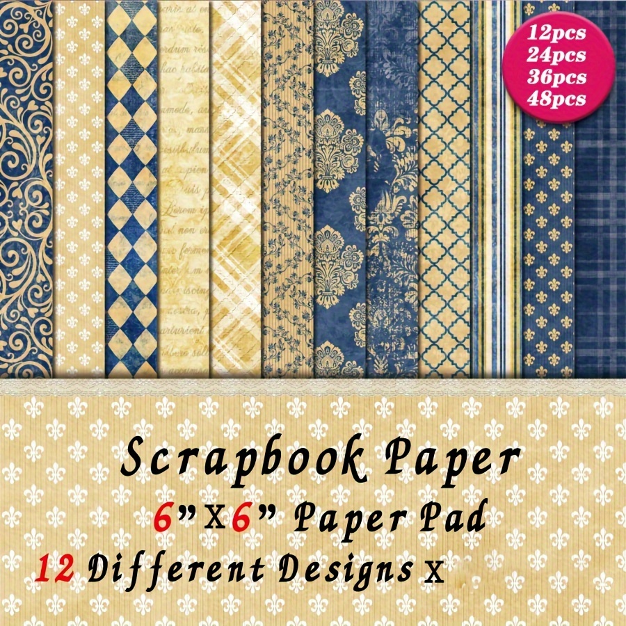 

Pack de 12/24/36/48 feuilles de vintage, 6x6 pouces, carton décoratif pour le journaling, la fabrication de cartes, les manuels, des designs avec une bordure de jeton