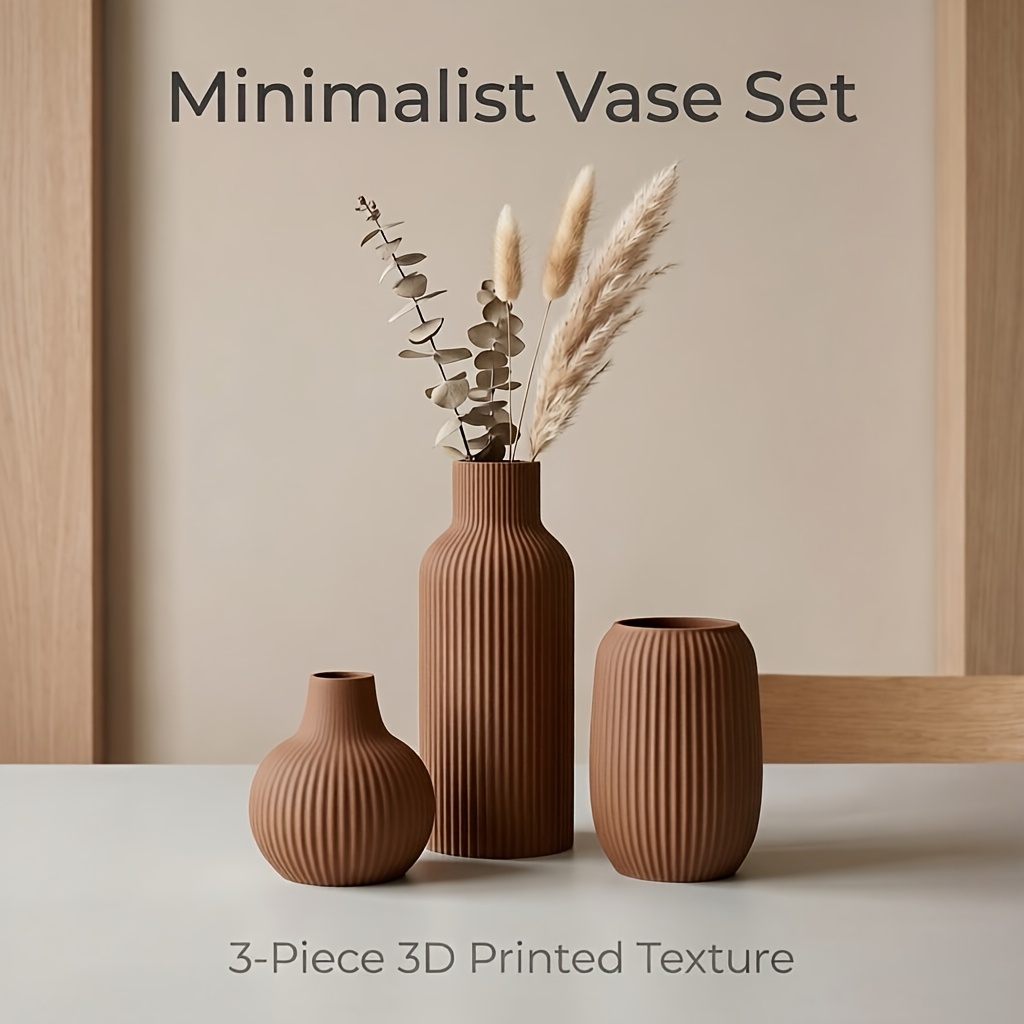 TEMU 3-delige Matte PLA Plastic 3D Geprinte Vaas Set, Gestreepte Reliëf Decoratieve Vazen, Moderne Minimalistische Eetkamer En Woonkamer