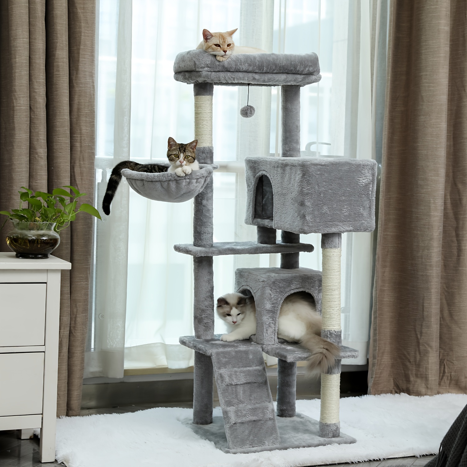 

Cat Tree For Large Cats Adult With Super Large Top Perch, 56.3" Cat Tower For Large Cats With Plush Hammock, Cat Shelves And Dangling Pompom, Cat Scratching Posts And 2 Condos Houses