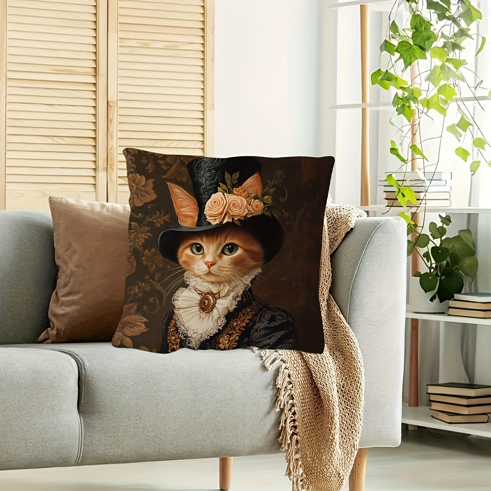 TEMU 2d Flat - An Elegant Victorian-style Ginger Cat Pillow Cover, Measuring 18x18 Inches, Featuring 2d Single-sided Printed Short Plush, With A